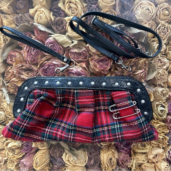 Red Tartan Clutch with Crossbody Strap and Skull Lining - Picture 2 of 4